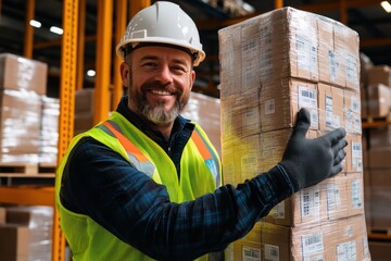 Warehouse worker proudly stacks boxes while ensuring safety in a bustling logistics environment