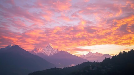 Fototapeta premium Majestic Mountain Silhouettes at Sunset with Vibrant Sky | Nature Landscape Photography