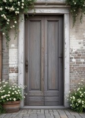 Grey and white photo of old wooden door with flowers in the foreground ,  rustic,  exterior