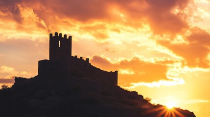Obraz premium Mystical Silhouettes of Ancient Castle on Hilltop at Dramatic Sunset | History, Mystery, Enchantment, Architecture, Skyline, Timeless, Heritage