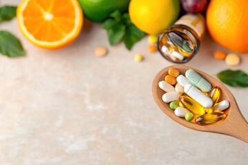 Bright vitamins and fresh fruits on a wooden spoon symbolize health and wellness