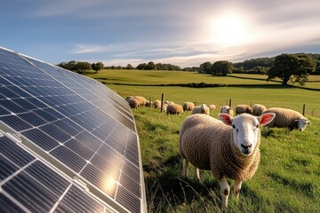 Sheep grazing peacefully near solar panels in a vibrant green meadow under a golden sunset sky