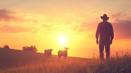 Tranquil Rural Sunset: Silhouettes of Farmer and Livestock Embracing the Beauty of Hard Work at Dusk