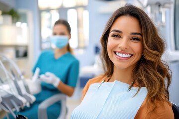 Fototapeta premium Bright and confident woman enjoying her visit at a modern dental clinic, showcasing a radiant smile and excellent dental care