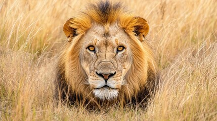 Fototapeta premium Majestic Male Lion Stalking in Tall Grass, African Savanna. Wildlife Photography.