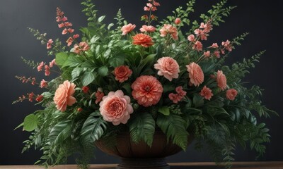 Obraz premium Intricate floral arrangement with lush greenery, floral, sophisticated