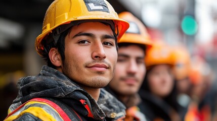 Close-up portrait of two construction workers wearing safety helmets.