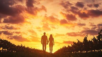Fototapeta premium Romantic Sunset Stroll: Silhouettes of Couple in Vineyard Embracing Nature's Beauty