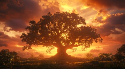 Fototapeta premium Resilience Embodied: Majestic Silhouette of an Old Tree Against Vibrant Sunset - Conceptual Image of Endurance and Strength Over Time