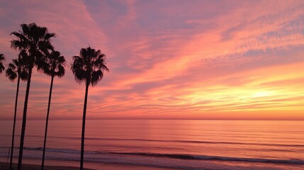 Obraz premium Tranquil Sunset Beach with Palm Tree Silhouettes and Vibrant Sky