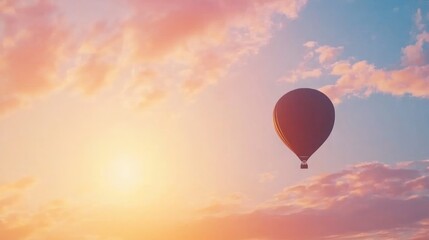 Fototapeta premium Serene Hot Air Balloon Silhouette at Vibrant Sunset | Peaceful Clouds in Golden Light on Horizon