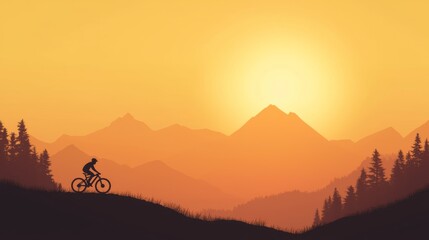 Obraz premium Thrilling Mountain Biking Adventure at Sunset: Silhouette of Rider on Trail with Majestic Peaks