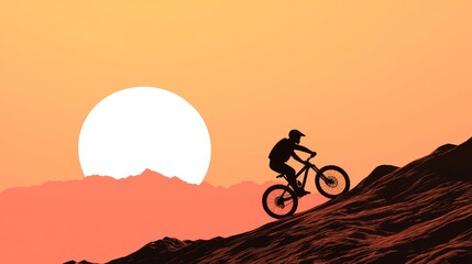Obraz premium Thrilling Mountain Biking Adventure at Sunset: Silhouette of Rider on Trail with Majestic Peaks in Background