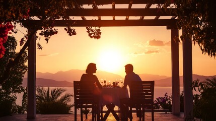 Romantic Silhouette of Couple Enjoying Sunset Dinner on Terrace Surrounded by Candlelight and Warm Glow of Setting Sun