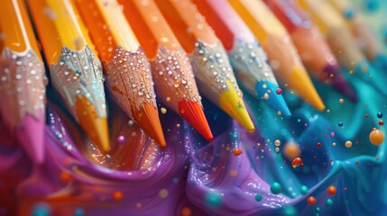 Obraz premium Close-up of colorful pencils in vibrant paint.