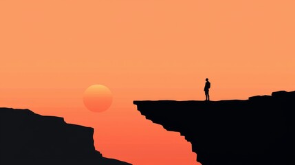 Obraz premium Embracing the Adventure: Silhouette of Person on Rock Ledge Watching Sunset Over Mountains