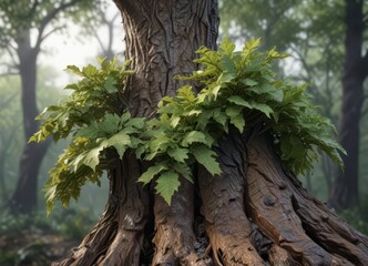 Fototapeta premium Ruffled leaves and branches on a tree trunk after a storm, distressed bark , natural destruction, nature