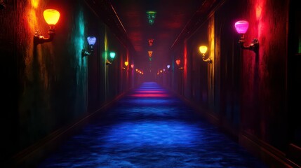Colorful, dimly lit hallway with vibrant lamps on walls and a blue carpet.