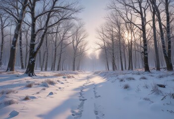 Obraz premium Snowy forest landscape with bare trees and snow-covered ground at dusk, forest at dusk, snow covered, winter wonderland