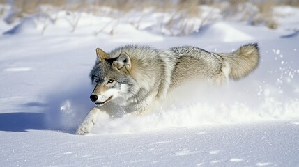Fototapeta premium Gray wolf running in snowy field, winter wildlife.