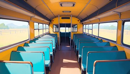 Fototapeta premium Empty School Bus: Sunlit Rural Landscape, Vibrant Cartoon Style