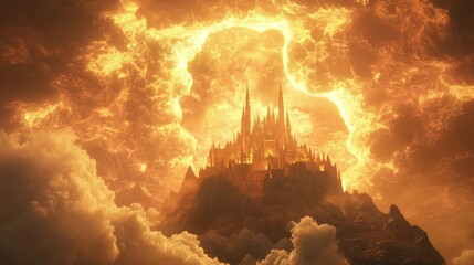 Fototapeta premium Majestic Fantasy Castle: Knights vs. Dragons in Enchanted Night Sky - 3D Render Digital Artwork