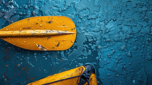 Yellow kayak paddle and boat on wet blue surface.
