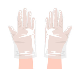 Poly, CPE, TPE Gloves protective hand accessory transparent cartoon clothing technical illustration garment. Vector front palm back view for Men, women, unisex style flat template on white background
