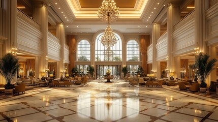 Grand Hotel Lobby with Ornate Chandeliers