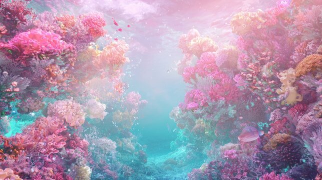 Enchanting Underwater Merfolk Competition in Vibrant Coral Reef - 3D Render Digital Artwork