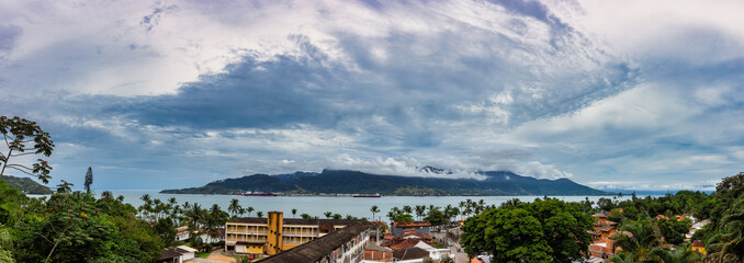 Panoramic View of the Sao Sebastiao navigation channel in Sao Paulo, Brazil, on a cloudy day
