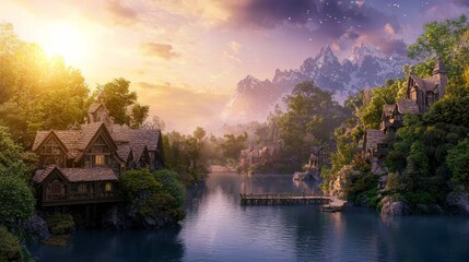Fototapeta premium Enchanted Sunrise in a Magical Village - A Wondrous 3D Render of Fantasy Creatures at Dawn