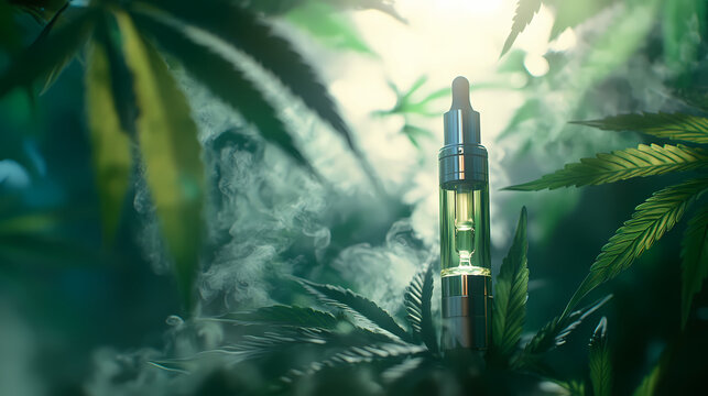 A crystalline cannabis extract vaporizes in a sleek, modern vape pen, emitting a hazy mist surrounded by lush green leaves and subtle, golden lighting. Crystaline. Illustration