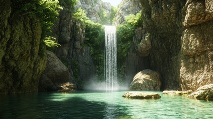 Enchanted Discovery: Explorer Finding Magical Relic by Hidden Waterfall in Nature's Mystical Realm | 3D Render Ultra-Detailed Digital Artwork