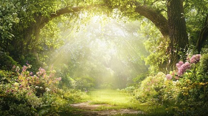 Obraz premium Enchanted Forest Glade: Druid Communing with Nature in Sunlight | 3D Render Ultra-Detailed Digital Artwork