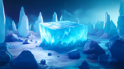 A large block of ice, glowing with a blue light, sits on a frozen ground surrounded by tall, crystalline structures and scattered ice chunks. Crystaline. Illustration