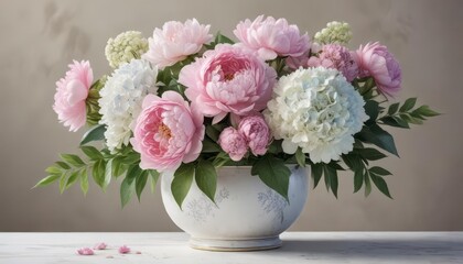 Watercolor illustration of a blooming flower arrangement featuring peonies and hydrangeas in a elegant vase ,  bouquet,  garden flowers,  hydrangeas