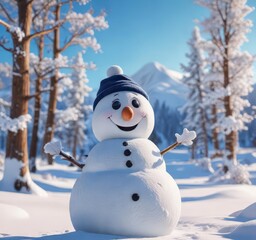 Obraz premium Winter snow landscape with happy snowman in scenic surroundings, set against a blue sky background, joyful snowman, snow scene, winter wonderland