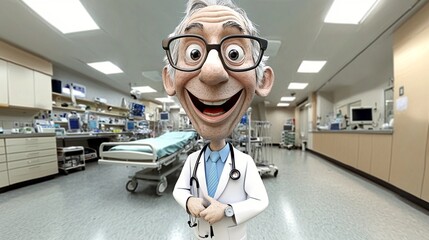 Cheerful cartoon doctor in hospital hallway