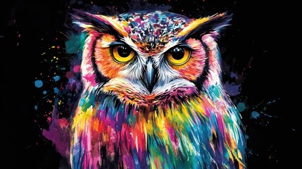 Obraz premium Vibrant watercolor owl with rainbow feathers on black background