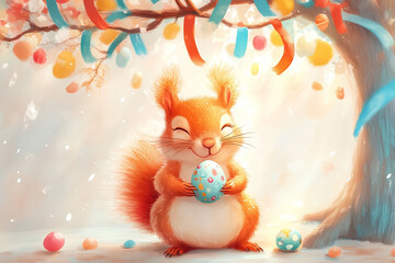 Naklejka premium A joyful squirrel holds a decorated Easter egg, surrounded by vibrant ribbons and blooming flowers in a sunny spring setting