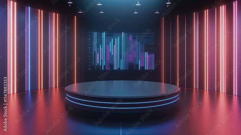 Wall mural virtual tv studio set with empty round table and digital chart