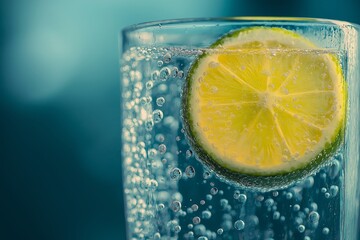 Refreshing sparkling water with a slice of lime in a clear glass