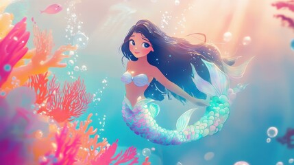 Enchanted Mermaid in Vibrant Coral Reef: A Whimsical Underwater Scene
