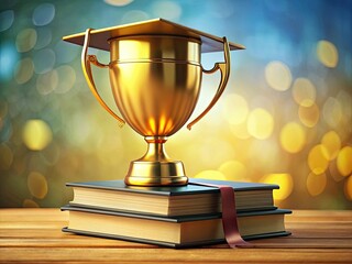 A golden trophy, graduation cap, and books symbolize academic achievement, celebrating graduation success and awarded excellence.