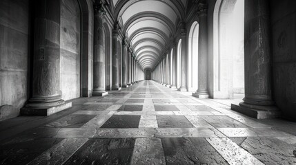 Monochrome perspective of a long, arched hallway with columns and tiled floor.