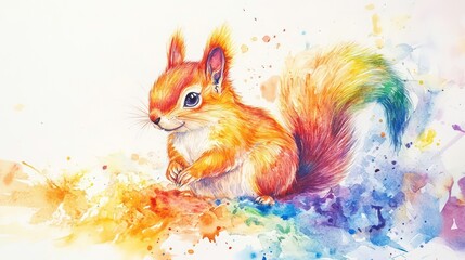 Obraz premium Colorful watercolor painting of a cute squirrel with a rainbow tail.