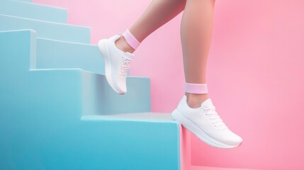 woman wearing trendy sports shoes jogging or walking in minimal colorful staircase pink blue pastel color, active healthy lifestyle, of person taking proactive steps, minimalist wellness poster