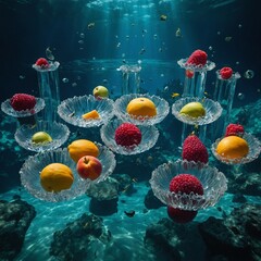 A surreal underwater world featuring floating crystal fruits.