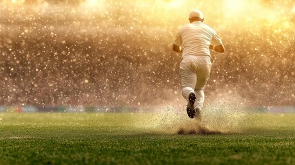 Naklejka premium Dynamic Bowler's Precision: Intense Follow-Through in Cricket Match on Colorful Field with Flying Grass - Ultra-Detailed Sports Photography